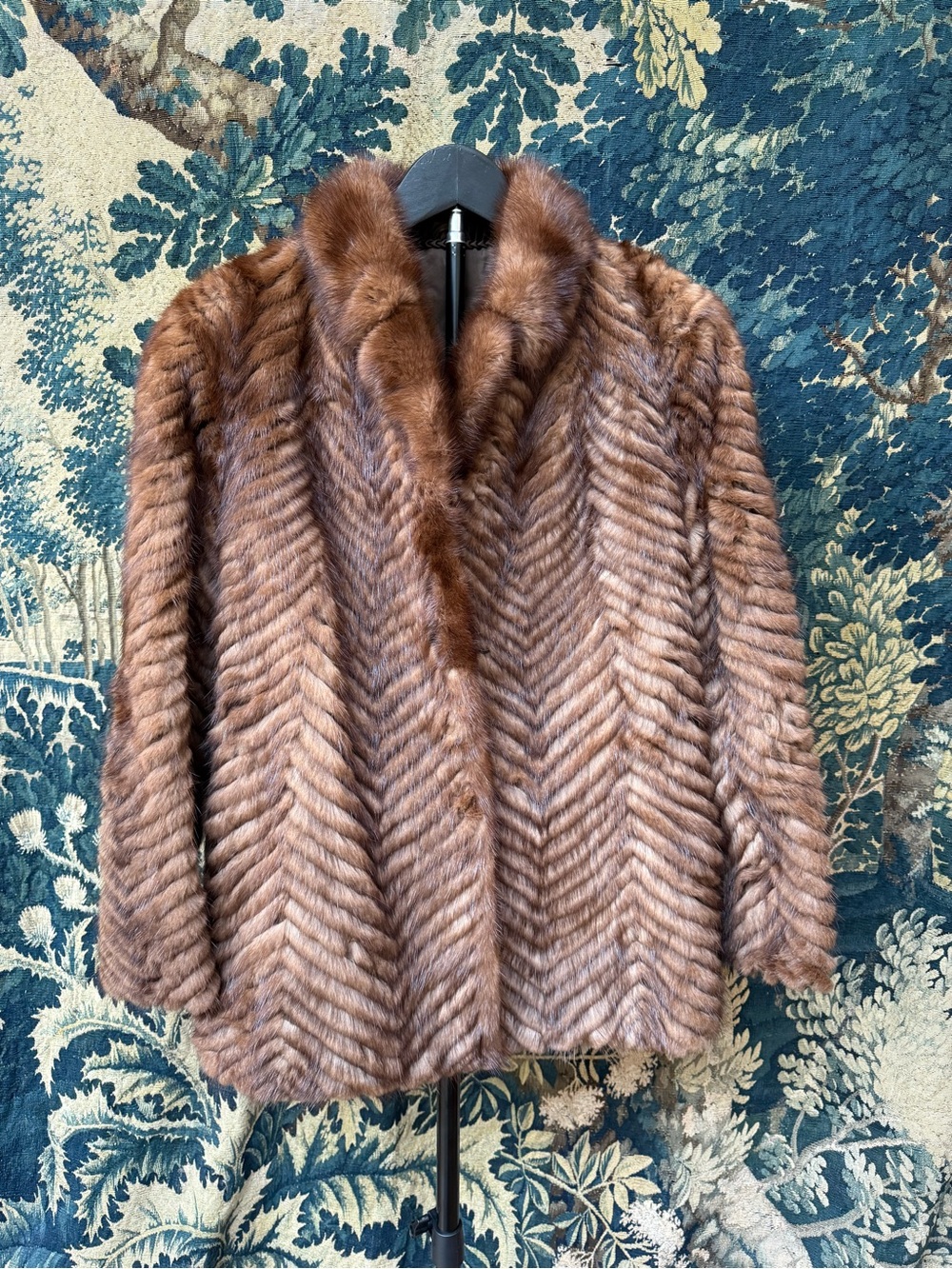 Classic Women's Brown Fur Coat - Luxurious Chevron Pattern